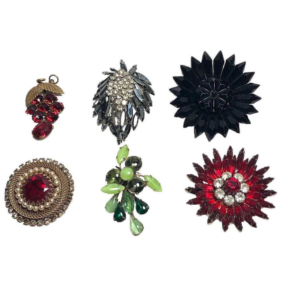 Vtg 50s-60s Brooch & Pendant Lot Rhinestone Jewelry Grapes, Floral, Starburst